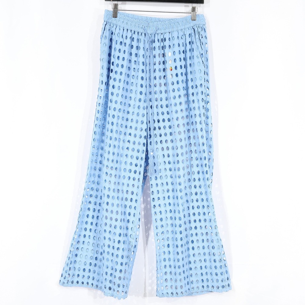 Dotti Swim Cover Up Pants Womens M Blue Cotton Eyelet Boho Beach Wide Leg $68NWD